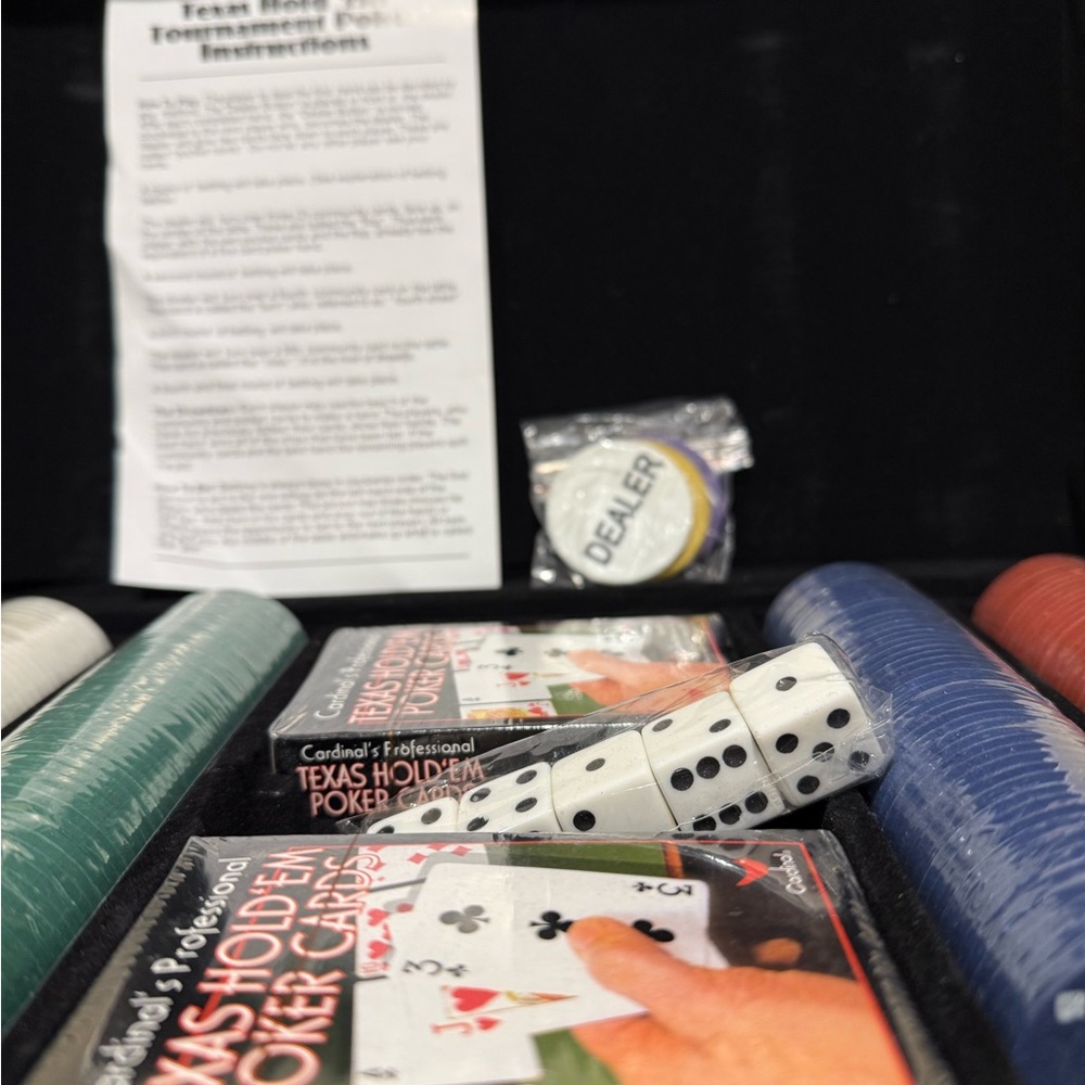 NWOT-Cardinal Texas Hold’ Em Poker-Tournament Chips, Dice, Cards, Aluminum Case - Picture 2 of 6